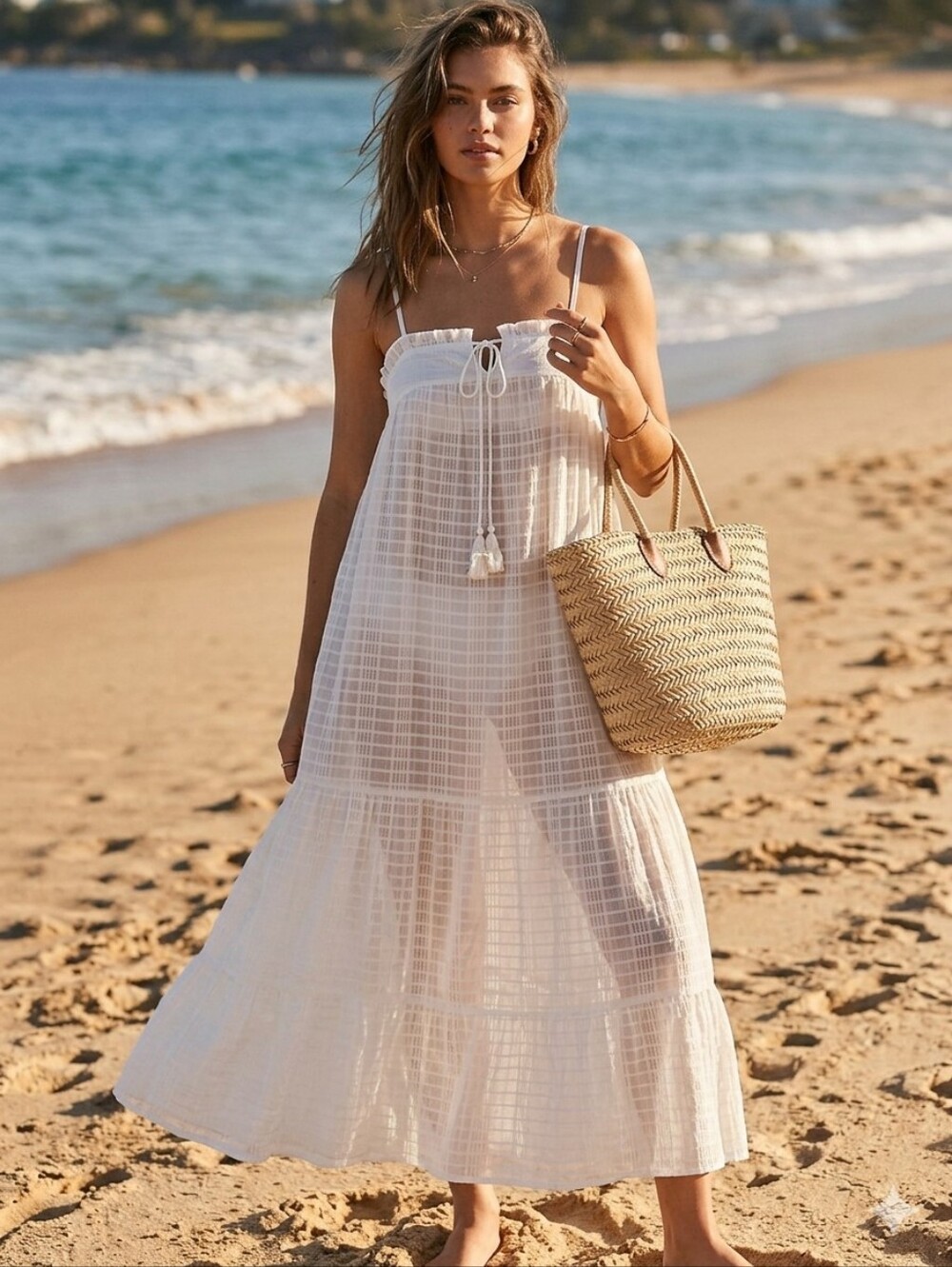 Reve De Soleil White Cotton Tiered Sheer Cover Up Dress M